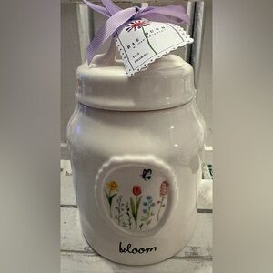 Rae Dunn White Floral Ceramic Jar with Purple Ribbon